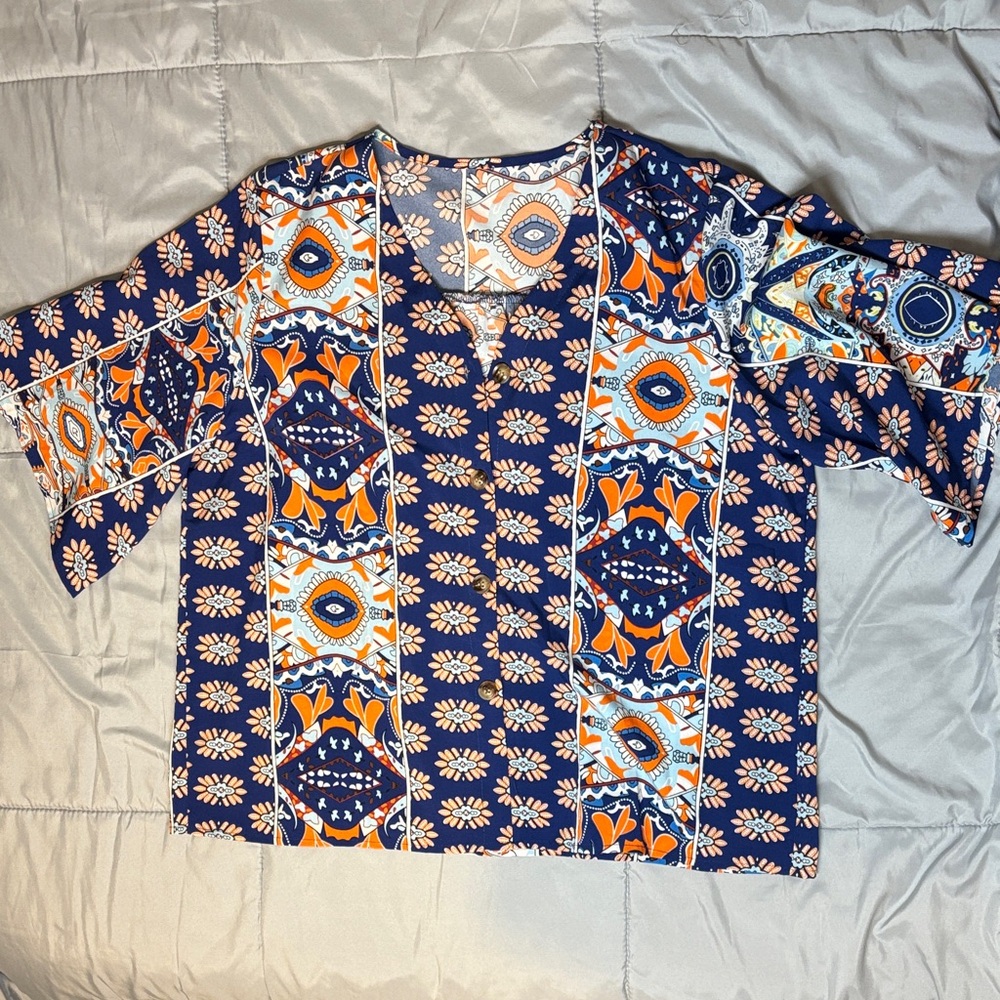 Floral Patterned Blouse - Blue and Orange Bohemian Boho